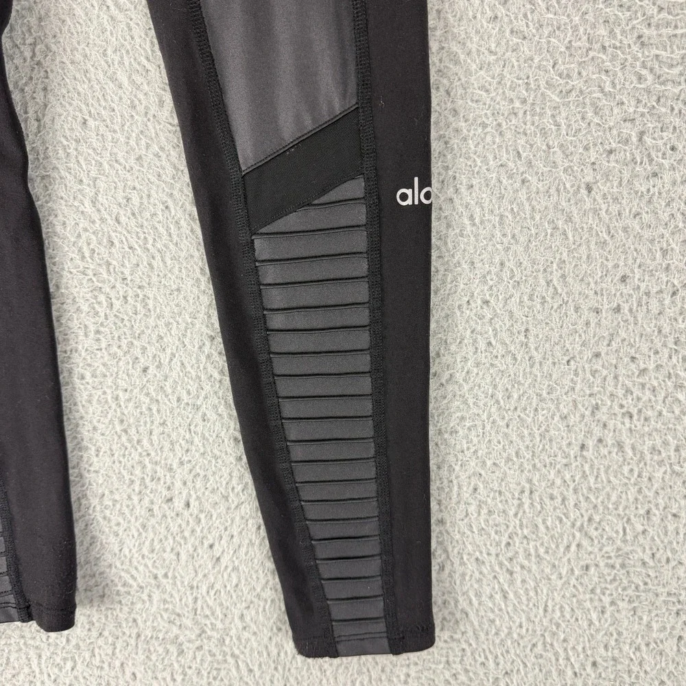 Alo Yoga Moto Leggings Womens Small Black‎ High Waist Pintuck Mesh Panel Spandex